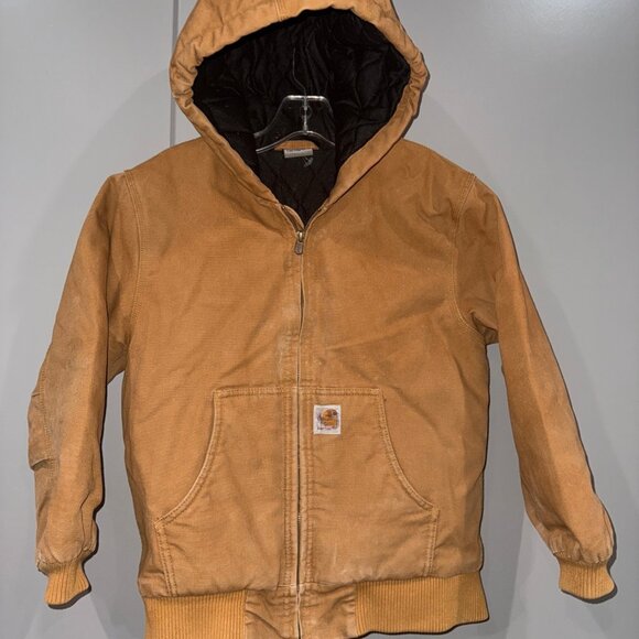 Carhartt Jacket Youth Boys Size M (10-12) Brown Duck Canvas Quilt Lined Hooded
